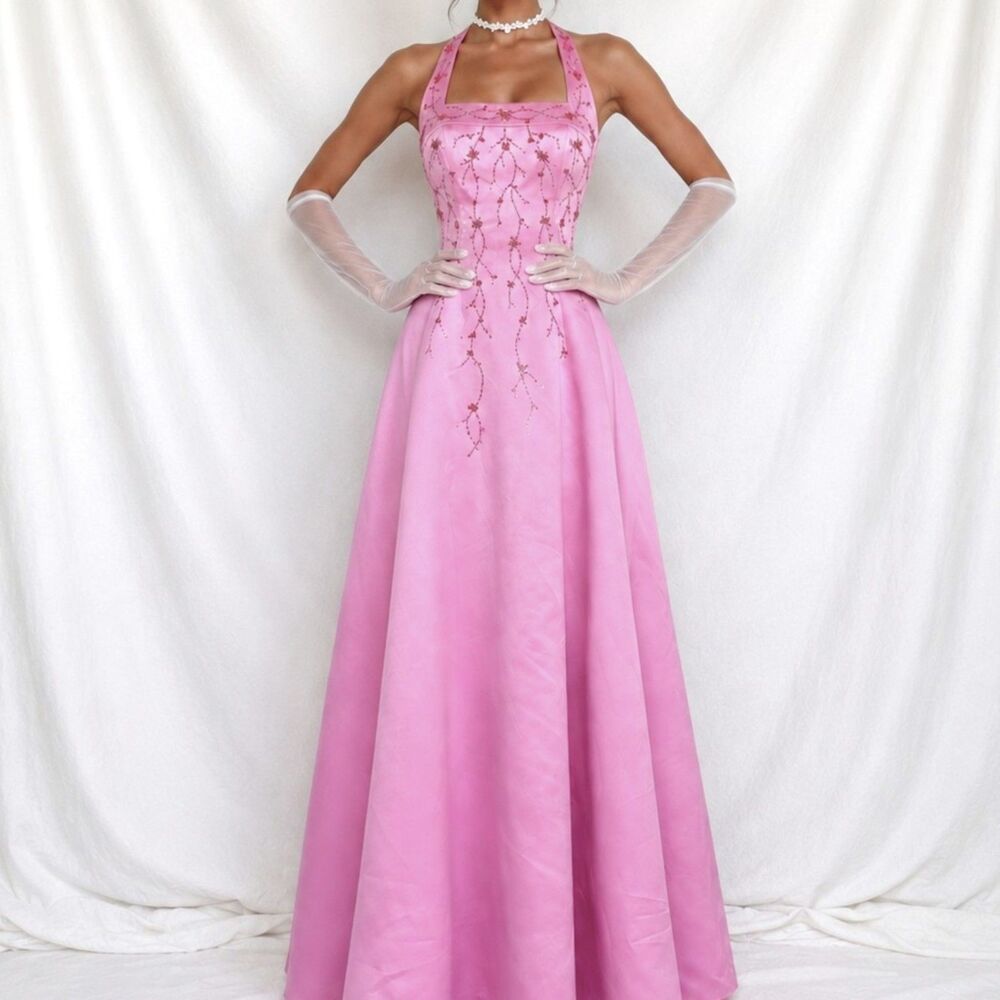 Vintage Y2K Pink Floral Beaded Satin Halter Flared Maxi Formal Prom Dress Size S